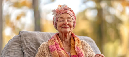Contented senior woman with head covering in cancer recovery, embracing wellness in autumnの素材