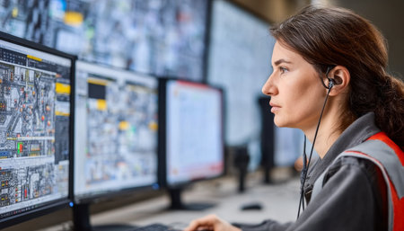 Serious operator analyzes complex data on multiple PC displays in a high-tech monitoring room setup.の素材