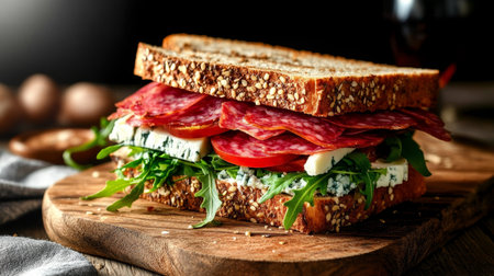 Artisan Sandwich with Arugula, Blue Cheese, Genoa Salami, and Fresh Tomatoes on Toasted Breadの素材
