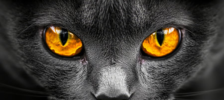 Charming and Curious Chartreux Cat with Intense Yellow Eyes Posing Gracefully in Indoor Studioの素材