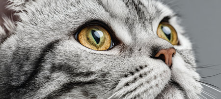 Charming American Shorthair Cat with Bright Eyes and Gray Fur Posed Against a Clean Gray Backdropの素材