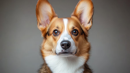 Adorable Pembroke Welsh Corgi Dog Portrait with Expressive Eyes Against a Clean Gray Backdropの素材