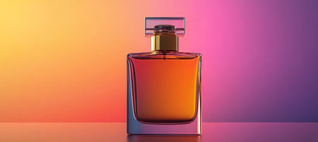 Elegant square transparent perfume bottle filled with aromatic warm scented liquid, stylish design.の素材
