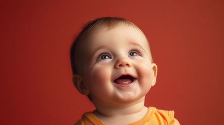 A Cheerful Baby Smiling Upward Against a Vibrant Red Backdrop, Capturing Pure Innocence and Joyの素材