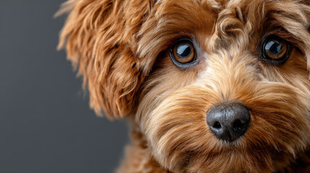 Cute and Fluffy Poodle with Big Expressive Eyes Posing Gracefully Against a Soft Gray Backgroundの素材
