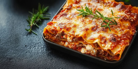 Delicious Homemade Lasagna in a Baking Dish Garnished with Fresh Rosemary and Rustic Charmの素材