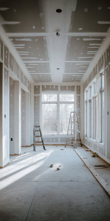 Interior Home Improvement Project Drywall Finishing with Metal Stands and Sunlight Streaming Inの素材