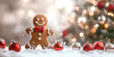 Charming Christmas Gingerbread Cookie Decorated with Icing Surrounded by Festive Ornaments and Snowの素材