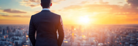 Entrepreneur gazing at city skyline, dreaming of future success and professional achievements.の素材