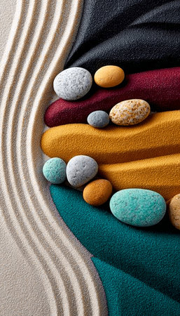 Tranquil Zen Garden with Raked Sand, Colorful Stones, and Lush Greenery for Peaceful Relaxationの素材