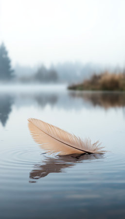 Serene Morning Mist Over a Calm Lake with Gentle Feather Floating Gracefully on the Water Surfaceの素材