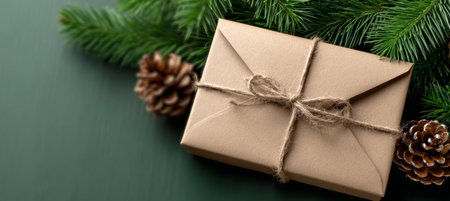 Beautifully Wrapped Sustainable Christmas Gift in Kraft Paper Surrounded by Fresh Evergreen Sprigsの素材