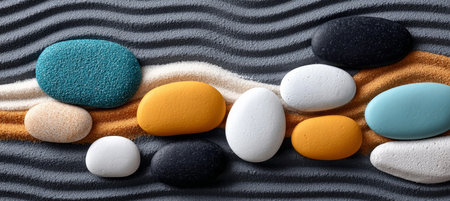 Serene Zen Garden Composition with Balanced Stones and Patterns on Soft Sand for Relaxationの素材