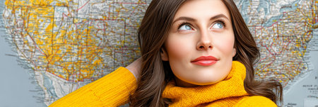 A Nostalgic Journey Dreamy Woman Gazes at a United States Map, Inspiring Travel Aspirationsの素材