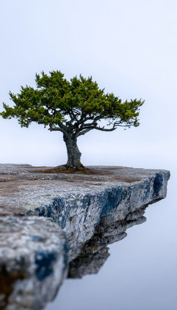 Solitary Tree Standing Majestically on a Cliff Edge Surrounded by Enveloping Fog and Misty Beautyの素材