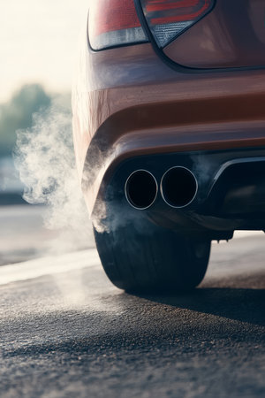 Combustion Engine Producing Fumes with Road Debris on Asphalt in Urban Environmental Pollution Sceneの素材