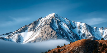 Breathtaking View of Majestic Snow-Capped Mountain Peaks Under Clear Blue Skies in Serene Wildernessの素材