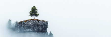 Solitary Tree Majestically Standing on a Misty Cliff, Symbolizing Resilience Amidst Nature s Embraceの素材