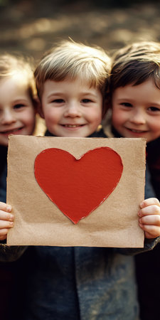 Smiling Kids Celebrating Friendship and Love with Colorful Paper Hearts at a Valentine s Partyの素材