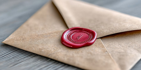 Vintage Sealed Letter on Wood Grain Background with Embossed Wax Seal and Natural Fiber Stationeryの素材