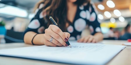 Woman Thoughtfully Writing a Personal Letter on Paper at a Table with a Pen and Notebook Nearbyの素材