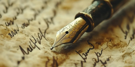 Elegant Vintage Pen Points to Delicate Script on Parchment, Evoking Timeless Beauty and Emotionの素材