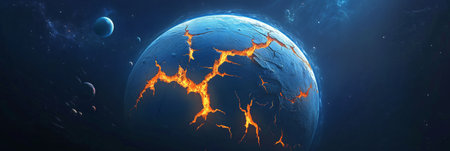 Distant Blue Planet with Glowing Cracks Surrounded by Colorful Nebulae and Stars in Spaceの素材