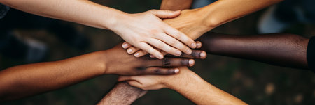 Multicultural Hands Together in Unity and Cooperation, Symbolizing Teamwork and Community Supportの素材