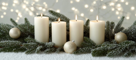 Beautifully arranged Advent candles glowing among festive holiday decorations and winter greenery.の素材