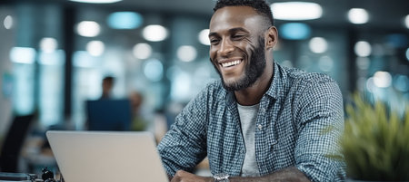 Smiling professional worker analyzing online documents and preparing a presentation at computer deskの素材
