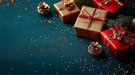 Elegant holiday backdrop with presents in red and gold, celebrating Christmas with festive cheerの素材