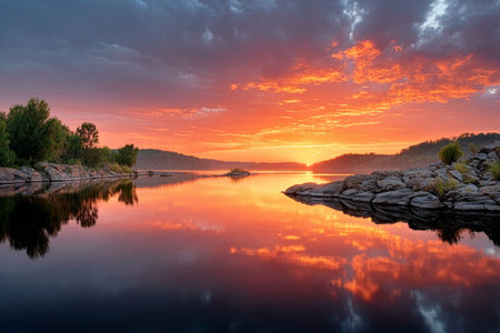 Stunning Sunrise Over Calm Lake with Vibrant Sky Colors and Silhouetted Trees Reflectionの素材
