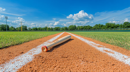 A Peaceful Baseball Scene Bat Resting on the Grass Under a Bright Blue Sky at Daybreakの素材