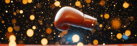 Vintage Boxing Gloves Suspended in Motion with Sparkles and Bokeh Creating a Dynamic Still Lifeの素材