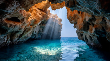 Stunning Cave Entrance Bathed in Sunlight with Crystal Clear Water and Unique Geological Featuresの素材