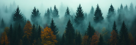Enchanting Mystic Wilderness Scene with Pine Trees Shrouded in Fog, Capturing Nature s Tranquilityの素材