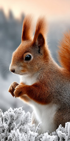 Squirrel Enjoying Winter Snacks in a Snowy Forest, Ideal for Wildlife Photography Enthusiastsの素材