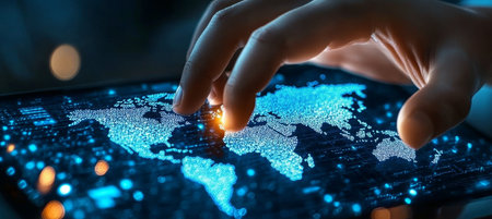 Interactive Digital Screen Technology Showcasing Global Network Connection Points and Modern Designの素材