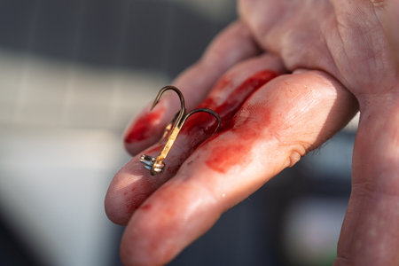 Fishing Hook Injury Close-up of Hand with Embedded Hook and Blood, First Aid Neededの写真素材