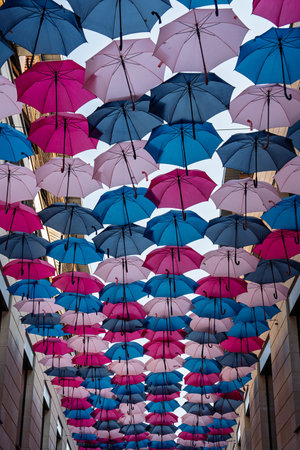 Colorful Umbrellas Canopy A Vibrant Street Art Installation and Urban Decor Conceptの写真素材