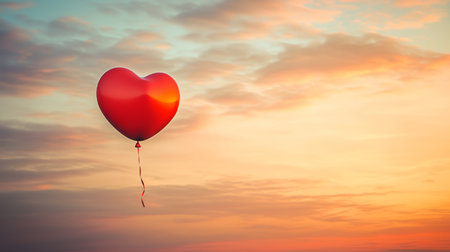 Delicate Affection A Heart Shaped Balloon Gently Floating Against a Soft Sunset Sky in Muted Tonesの素材