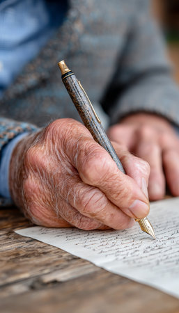 Elderly Person Concentrating as They Sign Important Document with Historic Penmanship and Legacyの素材