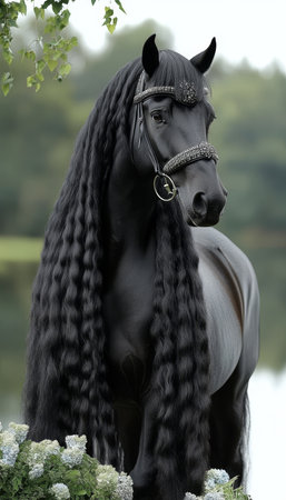 Majestic Friesian Horse with Braided Mane by a Serene Lake at Dusk, Nature s Tranquilityの素材