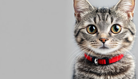 Charming Cat Sitting Gracefully in a Gray Studio, Gazing Adorably at the Camera with Expressive Eyesの素材