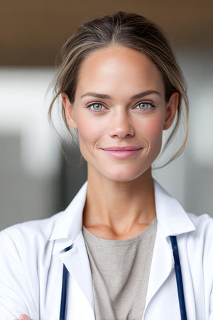 Smiling General Practitioner Portrait, Representing Health Clinic Service for Patientsの素材