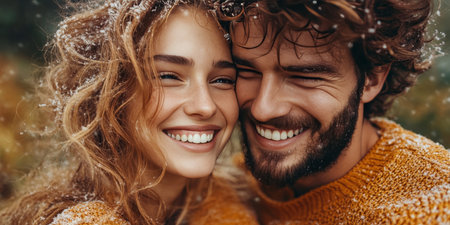 Cheerful Young Couple Walking Together in a Snowy Park, Enjoying Winter Nature and Happinessの素材