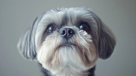 Adorable Puppy with Bright Eyes and Playful Smile, Captured in Serene Gray Background Settingの素材