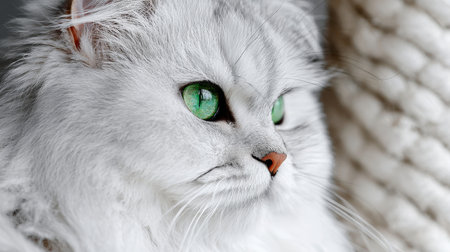 Majestic Silver Persian Cat with Striking Emerald Eyes, Showcasing Fluffy Fur and Graceful Eleganceの素材