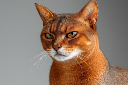 Charming Abyssinian Cat with Striking Amber Eyes Posing Gracefully Against a Soft Gray Backgroundの素材