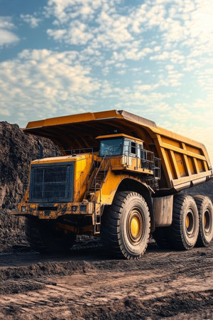 Heavy Duty Yellow Dump Truck at Construction Site Under Dramatic Sky, Mining Vehicle Hauling Dirtの素材